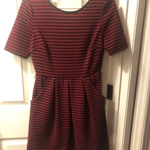 Burgundy dress with navy stripes